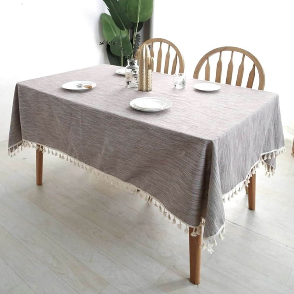 Boho Fringe tassel woven Gray and white stripes Tablecloth or throw blanket